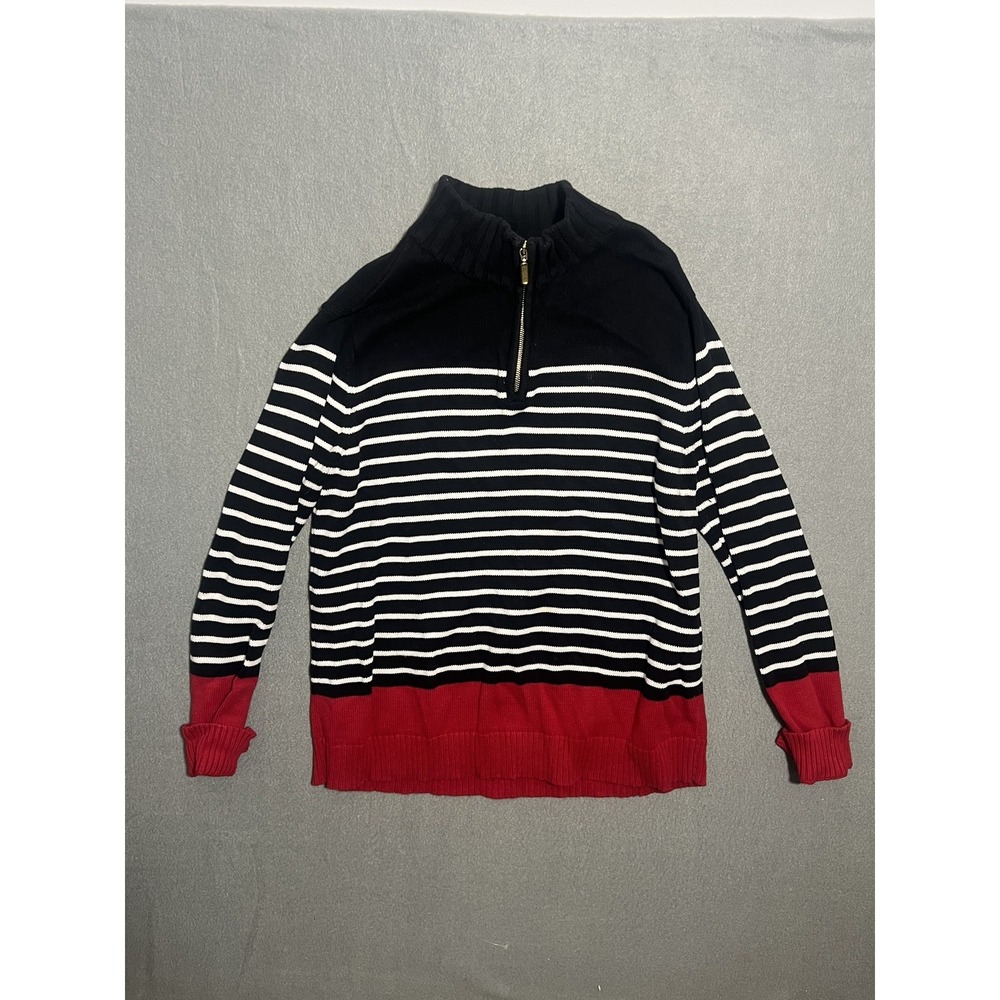 Karen Scott Women's L Large 1/4 Zip Pullover Sweater Black White Striped Red Hem